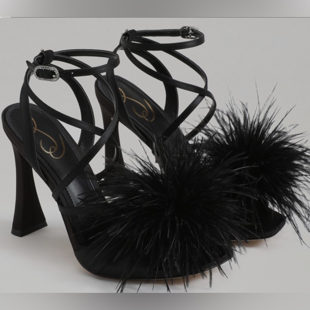 Sam Edelman Layton black satin feather heels with original box